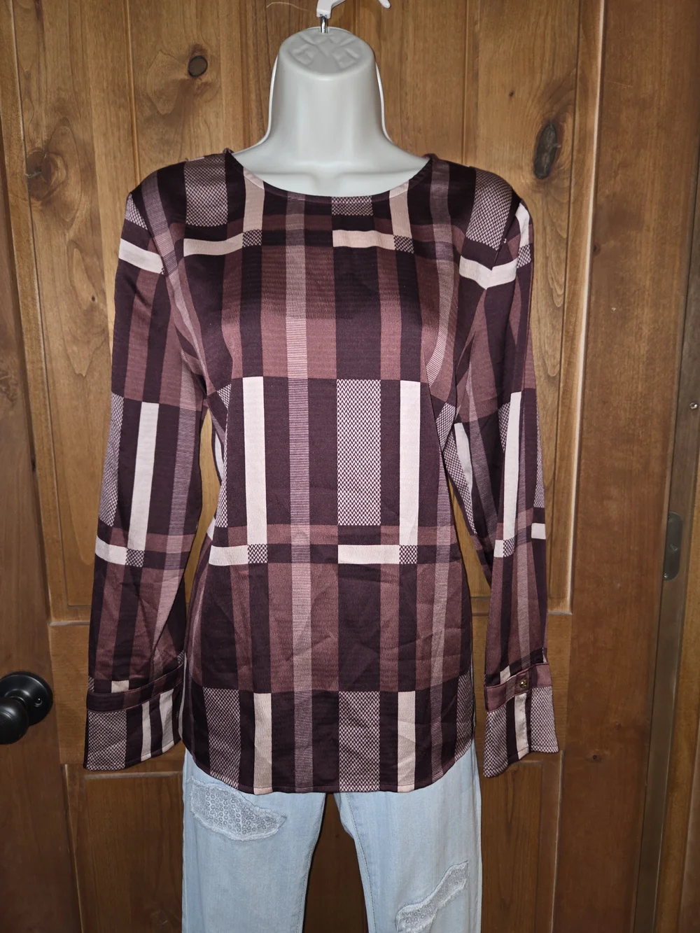 Liz Claiborne Burgundy and Blush Plaid‎ Long-Sleeve Blouse